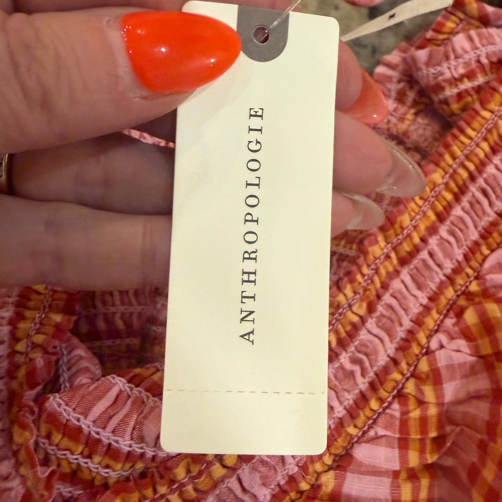Anthropologie 100% Cotton Pink and Coral Gingham Smocked Romper - Picture 10 of 14